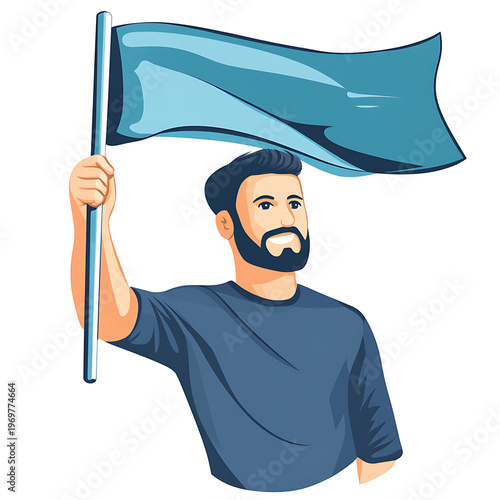 Activist protesting with flag, line art