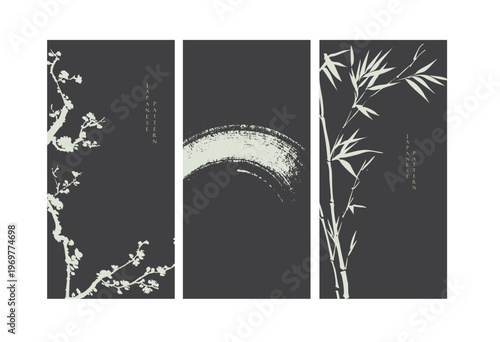 vector illustration of bamboo leaves branch, abstract mountain, cloud and enso circle background with Chinese painting in traditional style.