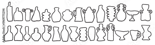 Vase pottery silhouette set with amphora urns in outline doodle style. Drawn minimalistic ceramic jars. Antique vases symbols