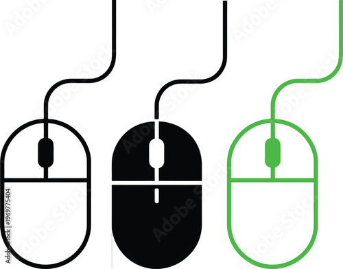 Three computer mice connected by cords in a sequential color gradient