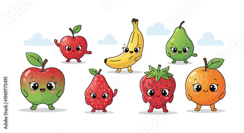 Adorable collection of cartoon fruits with cute faces and tiny legs.