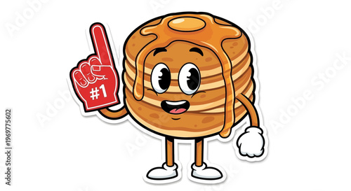 Cartoon Pancake Character with Number One Foam Finger.