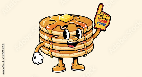 Cartoon Pancake Stack Mascot with Foam Finger.