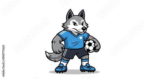 Cartoon Wolf Mascot in Soccer Uniform Holding Ball.