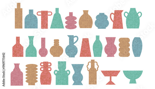 Textured ceramics vase silhouette set. Classic decorative containers shadow. Drawn minimalistic ceramic jars.