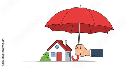 Hand holding a red umbrella over a small house representing property protection and comprehensive residential insurance coverage.