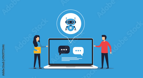 Customer support chatbot concept featuring a laptop screen with speech bubbles and two people interacting with an AI assistant.