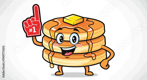 Cartoon Pancake Stack Mascot with Number One Foam Finger.