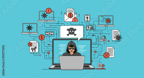 Cyber security threat concept showing a masked hacker on a laptop surrounded by malware, virus, and phishing icons.