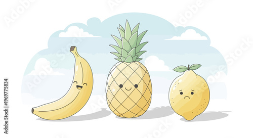 Cute Cartoon Fruits - Banana, Pineapple, and Lemon with Expressive Faces.