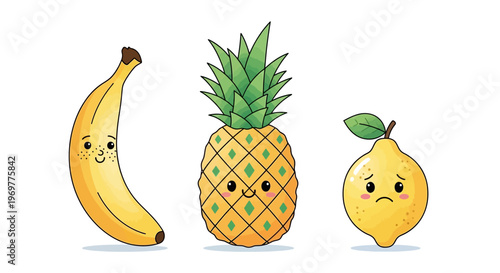 Cute Cartoon Fruits Banana Pineapple Lemon with Faces.