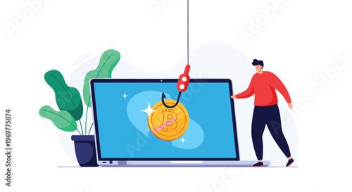 Cryptocurrency phishing scam concept with a man watching a golden bitcoin being lured by a fishing hook from a laptop screen.