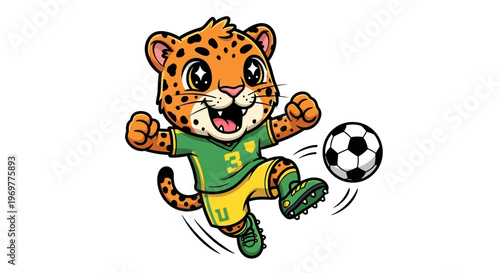 Cute Cartoon Jaguar Playing Soccer with Enthusiasm.