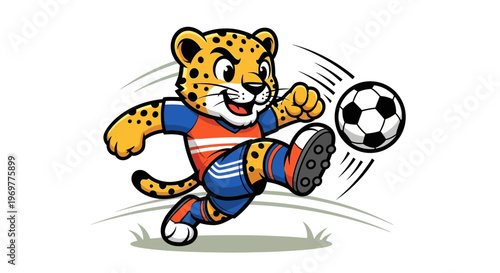 Cute Cartoon Jaguar Mascot Playing Soccer with a Ball.