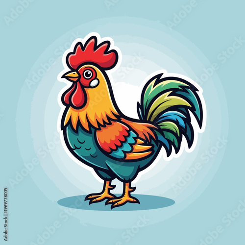 Colorful Cartoon Rooster Standing Proudly on a Light Blue Background
