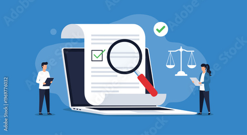 Legal compliance and document review concept showing a magnifying glass over a contract with people and a justice scale icon.
