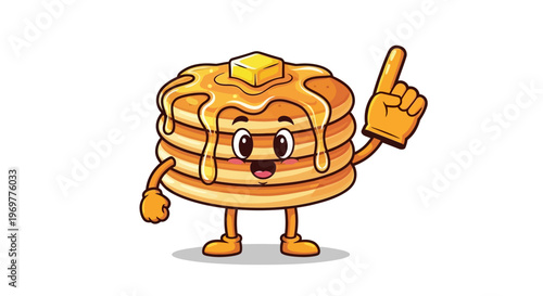 Cute Pancake Mascot Character with Butter and Syrup Pointing Up.