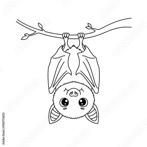 Cute Bat Hanging Upside Down on Tree Branch - Outline Illustration