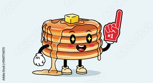 Cute Pancake Mascot Character with Foam Finger Number One.