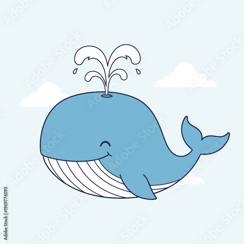 Cute blue whale spouting water, cartoon style, with clouds in the sky.