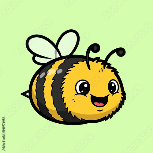 Cute cartoon bee illustration, happy, smiling, friendly, flying, yellow and black stripes, green background