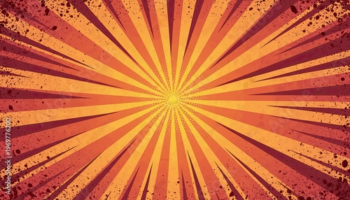 Explosion of vibrant orange and yellow rays emanating from a central point creating a dynamic sunburst effect with a gritty splattered texture overlay evoking energy excitement