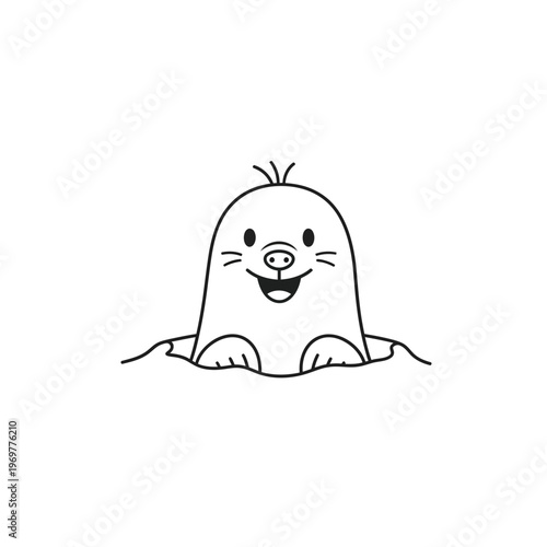 Cute cartoon mole popping out of hole, black and white line drawing