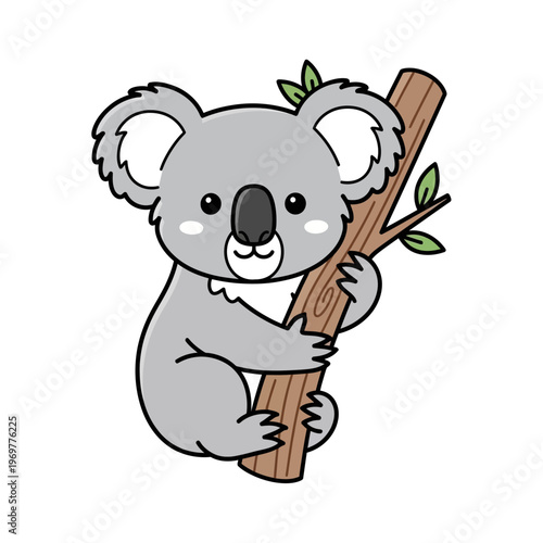 Cute cartoon koala bear hugging a tree branch, vector illustration