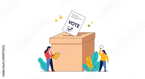 Election day and democratic voting concept showing two people placing their ballot papers into a large wooden ballot box.