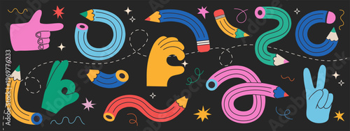 Twisted curved colored pencils and hands with various gestures set on dark background.  Flexible school supplies. Perfect for stickers, schedules, notebooks, notepads, diaries, school banners