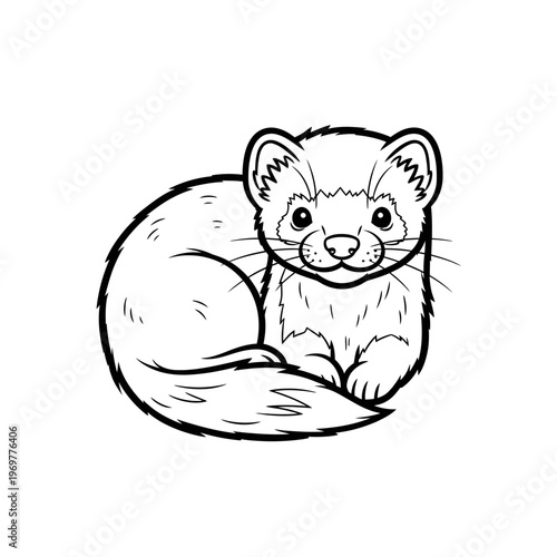 Cute ferret illustration, black and white line art, cartoon style