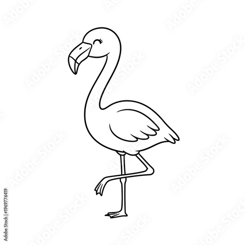 Cute flamingo cartoon drawing, standing on one leg, simple line art, white background
