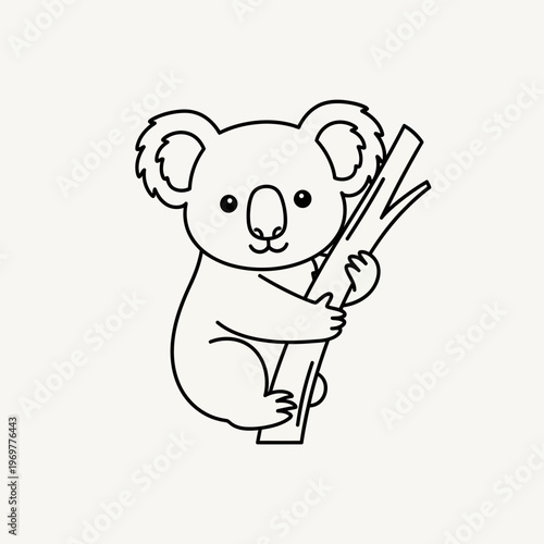 Cute koala cartoon illustration, black and white line art, holding tree branch
