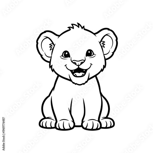 Cute Lion Cub Sitting and Smiling, Black and White Line Art