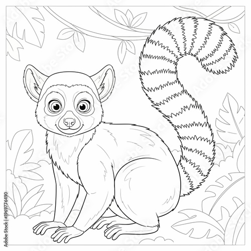 Cute Lemur Coloring Page, Outline Drawing of a Lemur Sitting Among Leaves