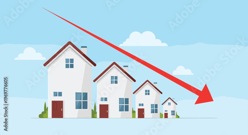 Real estate market decline concept featuring a row of houses with a large red arrow pointing downwards against a blue sky.