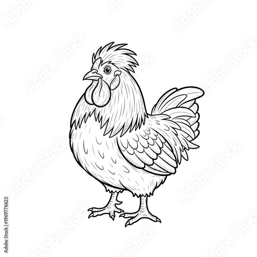 Rooster illustration, black and white line drawing, farm animal, poultry