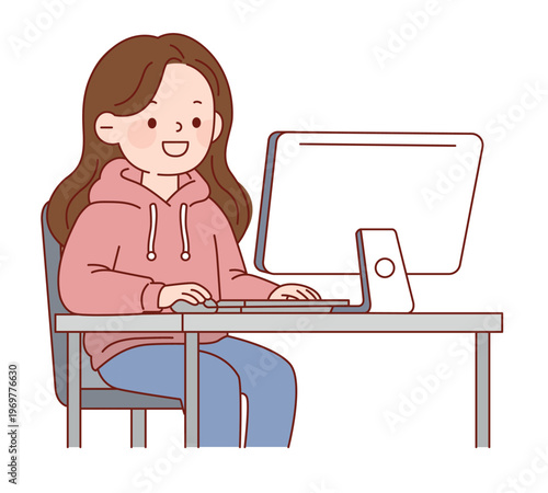 Cheerful Girl Working on a Computer in a Cozy Hoodie 컴퓨터를 하는 대학생 소녀 청소년 개발자 일러스트