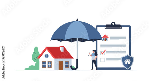 Comprehensive home insurance policy document with a house protected by a blue umbrella and a security shield icon.