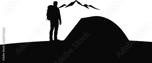 Lone Hiker Standing on Mountain Top Gazing at Distance Silhouette