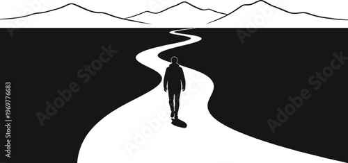 Person Walking on Long Winding Road Towards Minimalist Mountains Silhouette