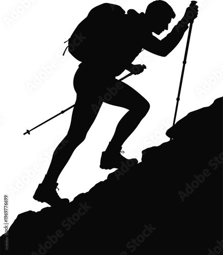 Hiker Climbing Steep Rocky Mountain Slope with Trekking Poles Silhouette