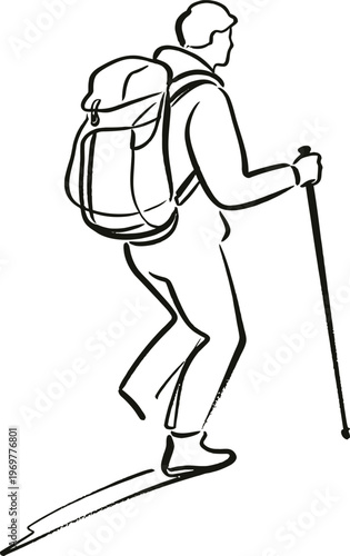 Hiker with Trekking Poles on Snowy Slope Silhouette