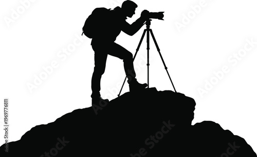 Landscape Photographer with Tripod on Mountain Peak Silhouette