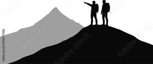 Two Hikers on Mountain Peak Pointing at Horizon Silhouette