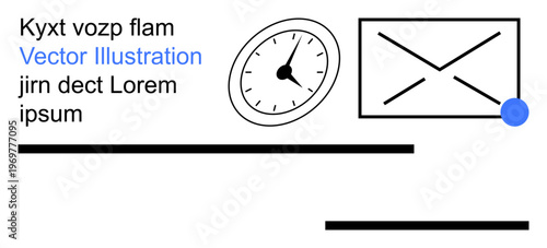 Email communication, notification alert, time management, punctuality, digital correspondence, message delivery. Stylized clock and envelope icon. Email communication and notification alert concept