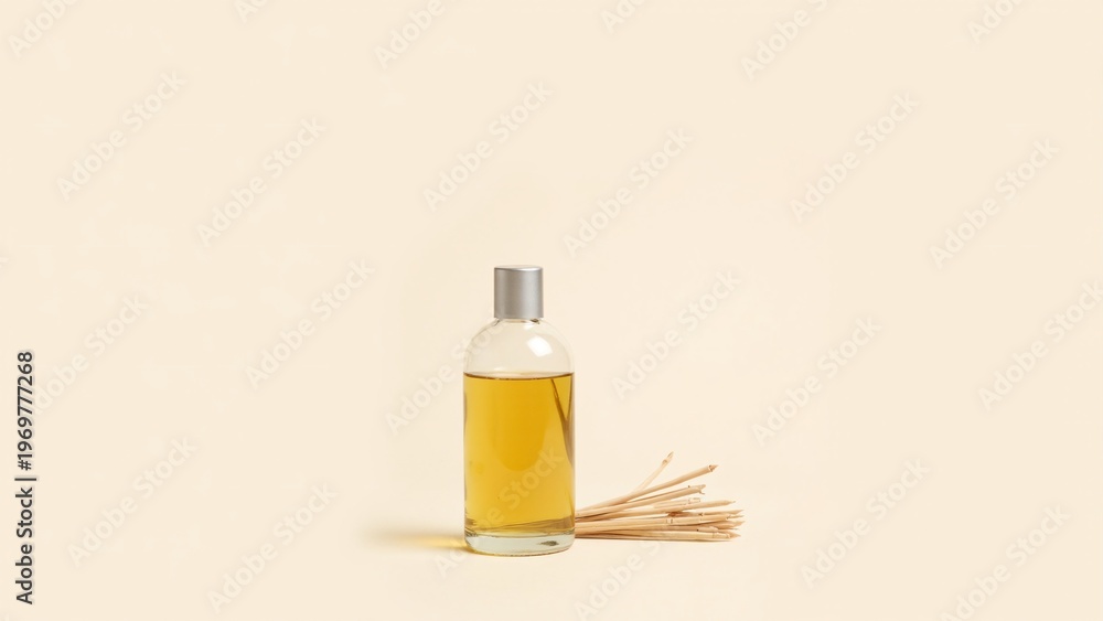 Fototapeta premium Golden Amber Scented Reed Diffuser in Clear Glass Bottle