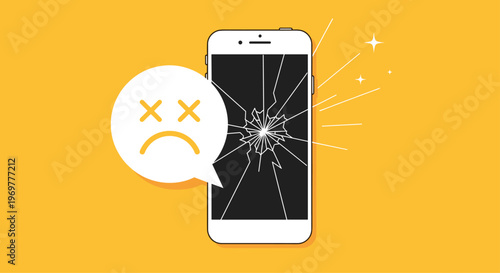 Broken smartphone with cracked screen and sad face emoji on a bright yellow background representing technology damage and device failure.