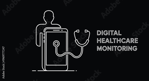 Digital healthcare monitoring concept featuring a smartphone and stethoscope on a black background for remote medical consultation services.