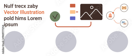 Business workflow, productivity tools, task management, user interface, automation, organization. Diagram showing checklist, notification icons and data structures. Business workflow